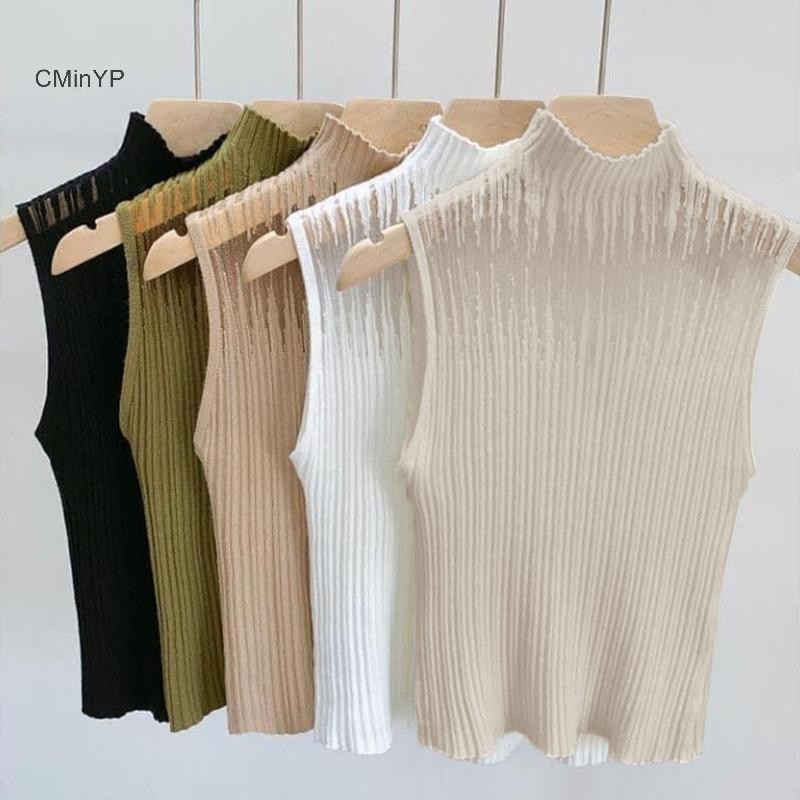 Cminyp Mùa Hè Hàn Quốc Nửa Cổ Rùa Rỗng Dệt Kim Áo Vest Nữ Màu Trơn Không Tay Slim Tank Top Glory