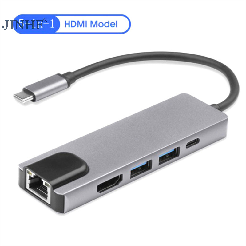JINHF 5 Trong 1 USB C Hub Loại C Sang 4K Bộ Chuyển Đổi Tương Thích RJ45 Mạng 100M Ethernet Lan Cổng Sạc Adapter Cho Pro HOT