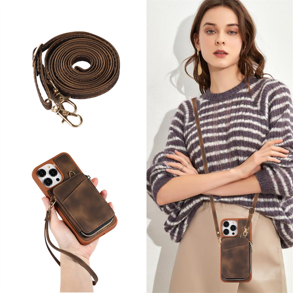 Nhựa Đeo Ngang Dây Kéo Dây Ví Cứng Ốp Lưng Điện Thoại Cho IPhone 15 14 Plus 13 12 11 Pro XS Max XR 7 8 6s Plus SE Khe Cắm Thẻ Vỏ Chống Rơi