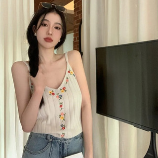 K Dệt Kim Nhỏ Camisole Mùa Hè Phong Cách Mới Thêu Cổ Chữ V Áo Dệt Kim Ngắn
