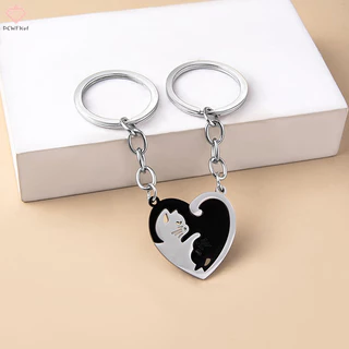 [Pcwkkef] 1 Cặp Móc Khóa Mèo Đen Dễ Thương Chắp Vá Trái Tim Tròn Cặp Đôi Tình Nhân Móc Khóa Ba Lô Thép Không Gỉ Móc Khóa Ô Tô Móc Khóa Treo Trang Sức Mới