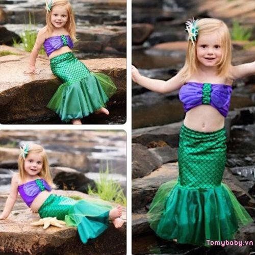 Bé Gái Hai Mảnh Đồ Bơi Treo Cổ Vỏ Ngọc Trai Dây Bikini Áo + Vải tuyn Chắp Vá Nàng Tiên Cá Đuôi Đồ Bơi