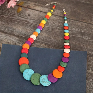 1 chiếc đầy màu sắc đính cườm retro thời trang dây chuyền xương đòn bằng đá tự nhiên Bohemian vòng cổ ngọc lam tròn