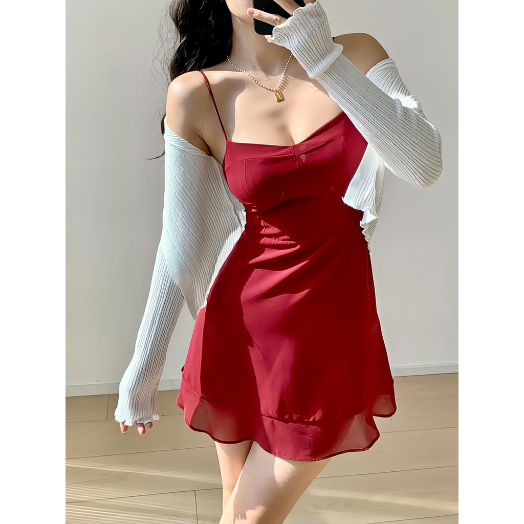 Pháp Retro Đầm Đỏ Ôm Xù Ngắn Dây Đeo Vai, Voan, Chữ A, Gợi Cảm, Mùa Hè Cho Bé Gái