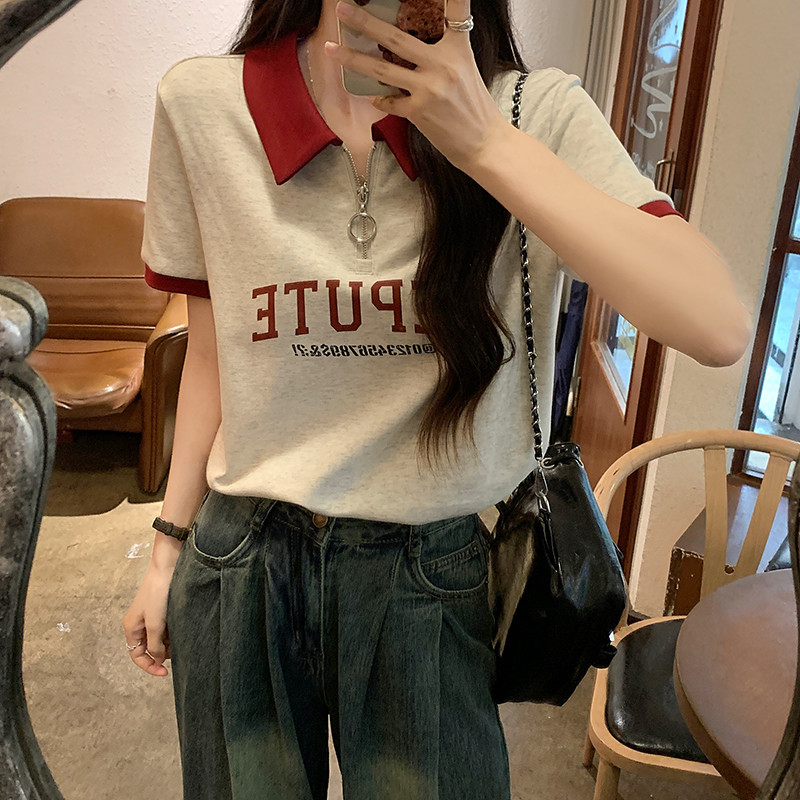 SUXI Retro In Hình Cổ Áo Polo Thường Ngày Đa Năng Phong Cách Hàn Quốc Áo Thun Nữ Tay Ngắn 240320