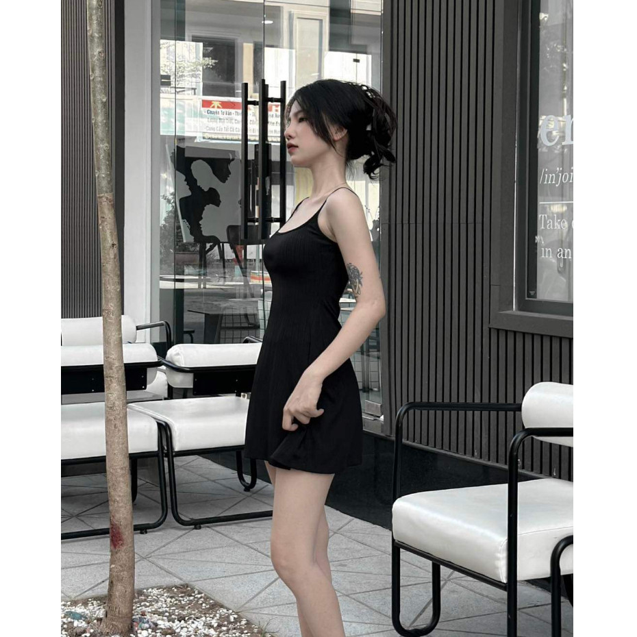 BARE_(Có size) Đầm hai dây nữ form ngắn xòe nhẹ kèm quần trong chất thun gân trung mềm mát phong cách đơn giản - Đ017