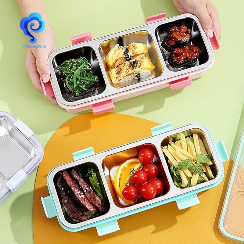Dreamedge: Hộp cơm trưa 3 ngăn bằng thép không gỉ, hộp Bento di động chống rò rỉ cho trẻ em