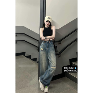 Quần jeans ống rộng nữ MIAA Wash bụi màu xanh cá tính , quần bò ống suông phong cách Ulzzang Hàn Quốc