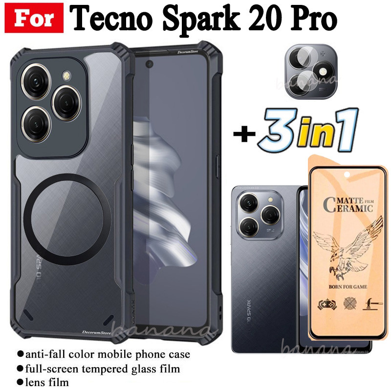 Ốp điện thoại chống sốc 3 trong 1 Tecno Spark 20 Pro có nhãn dán sạc không dây từ tính cho Tecno Spark 20 20C Bảo vệ toàn diện Kính cường lực + Phim ống kính