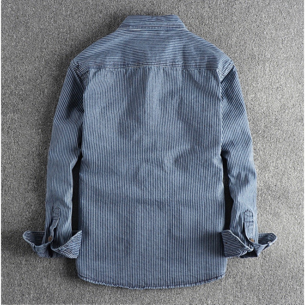 Áo sơ mi denim sọc phong cách Retro_Biker_Army