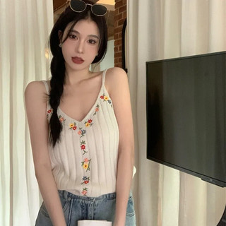 K Dệt Kim Nhỏ Camisole Mùa Hè Phong Cách Mới Thêu Cổ Chữ V Áo Dệt Kim Ngắn