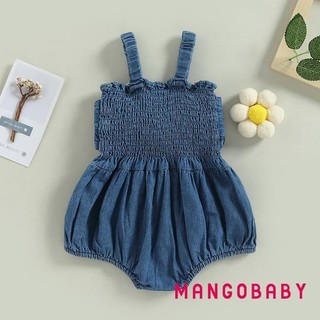 Mg-infant Girls Denim Romper Màu Trơn Nơ Ruched Không Tay Sling Bodysuits Mùa Hè Sơ Sinh Bé Playusits