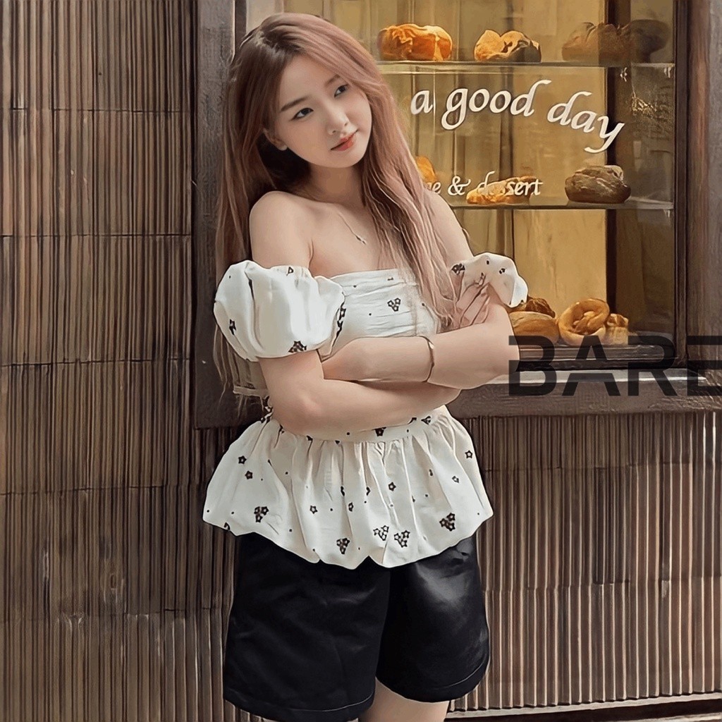 (Có Big Size) Áo Trễ Vai Nữ Tay Bồng Hoa Nhí 2 Lớp Chất Đũi Xốp Mềm Phong Cách Hàn Quốc Đáng Yêu - AO0119