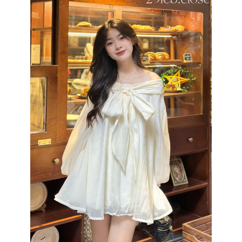 Đầm ngắn nữ kiểu áo dấu quần , áo babydoll trễ vai tay bồng xòe thắt nơ 2 lớp cao cấp chất voan tơ- D03