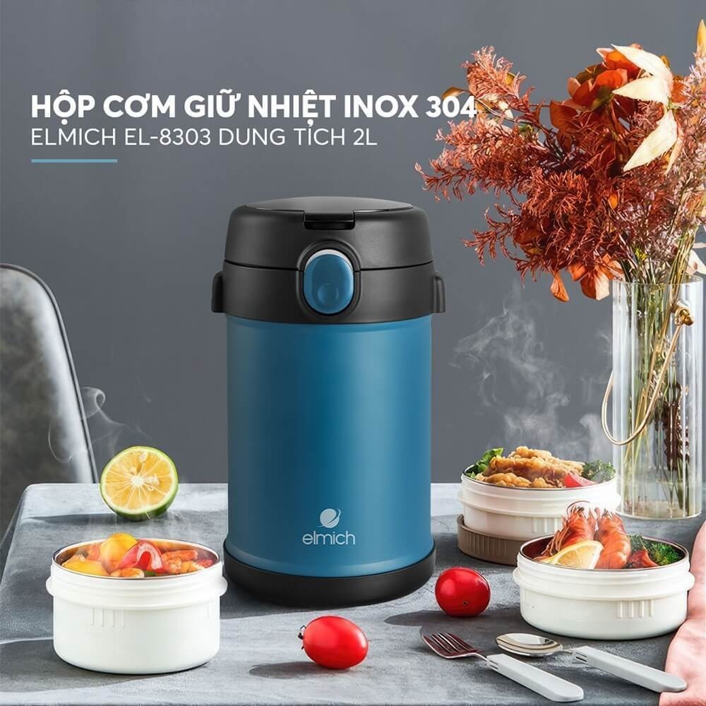 Hộp Cơm Giữ Nhiệt Elmich 8303 2L Inox 304, 3 Ngăn Rời + 1 Ngăn Chính, Giữ Nhiệt Lâu, Dùng Văn Phòng