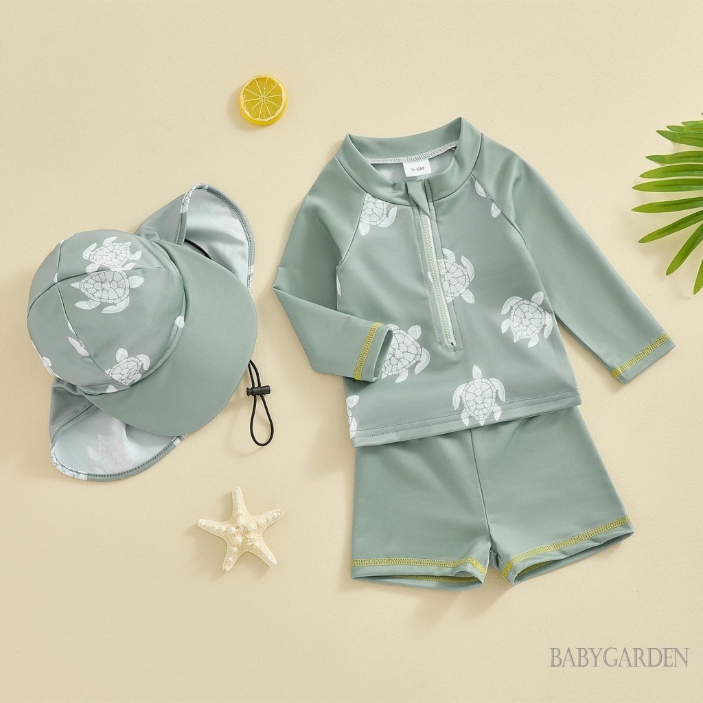 Baga-0-5 Tuổi Trẻ Em Bé Trai Rash Guard 3 Bộ Đồ Bơi Dài Tay In Hình Rùa Có Quần Short Và Mũ Bộ Đồ Tắm