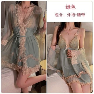 35-100kg Size Lớn Váy Ngủ + Áo Cardigan Nữ Bộ Đồ Ngủ Gợi Cảm Váy Bộ Đồ Ngủ Váy Nữ Sling Váy Ngủ Pháp Pure Desire Sling Váy Ren Gạc Homewear Suit Ngực Pad Váy Ngắn Một Mảnh Váy Ngủ