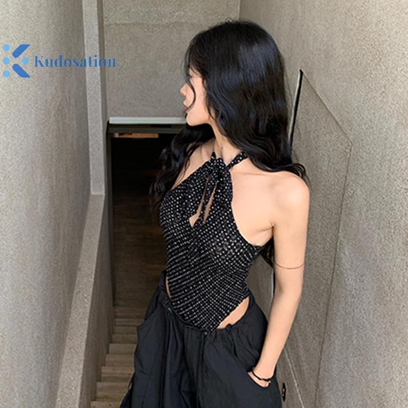 Kudosation Mùa Hè Dây Áo Retro Chấm Bi In Không Đều Lưng Dây Camisole Đẹp