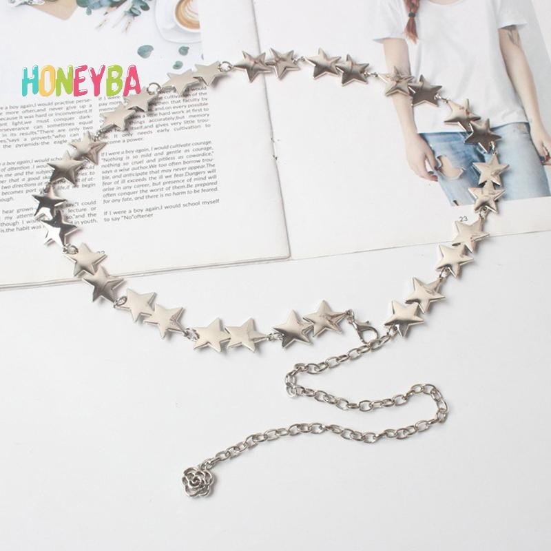 < Honeyba > Vintage Nữ Thắt Lưng Nữ Kim Loại Ngôi Sao Pentagram Dây Xích Thắt Lưng Dây Xích Thắt Lưng Nữ Trang Trí Cơ Thể