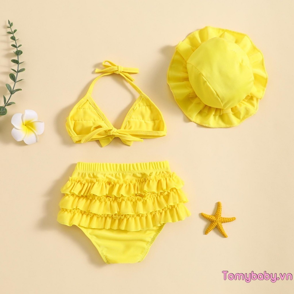 Bé Gái Mùa Hè 3 Bộ Trang Phục Đồ Bơi Áo Treo Cổ + Quần Short Ruffle Lớp + Mũ