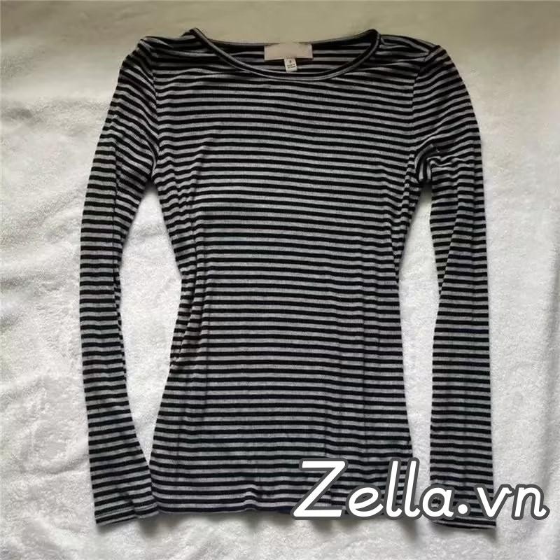 Áo thun nữ dài tay cổ tròn sọc mùa xuân Slim Fit Áo hàng ngày