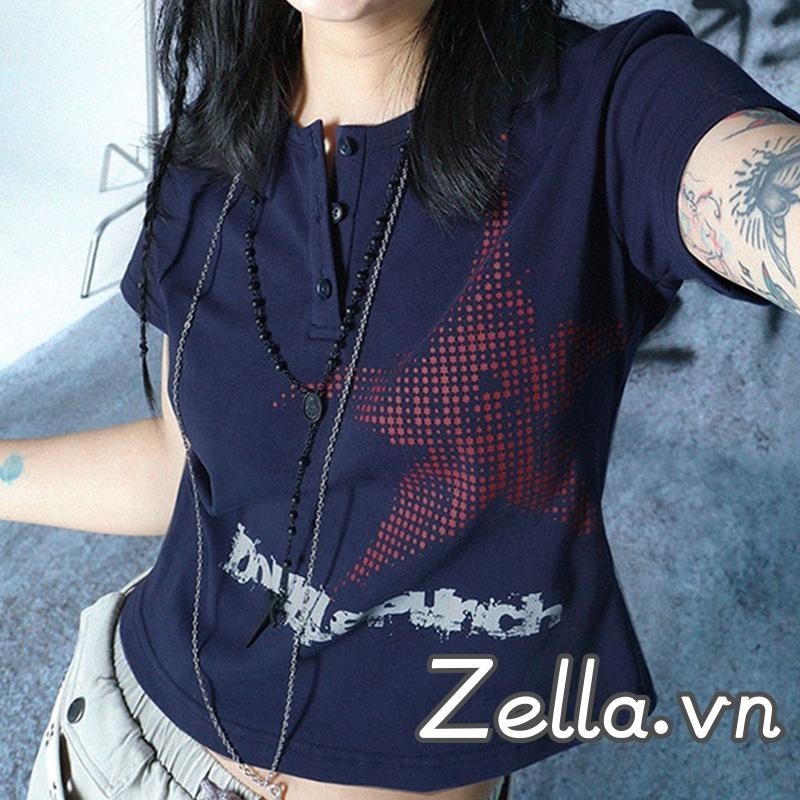 Áo thun nữ tay ngắn mùa hè Y2K in hình ngôi sao nút xuống Crop Tops Dạo phố