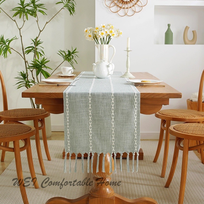 Sọc Màu Trơn Bàn Á Quân Vải Lanh Cotton Handmade Tua Rua Bàn Cà Phê Bàn Vải Nhà Khăn Trải Bàn Dài