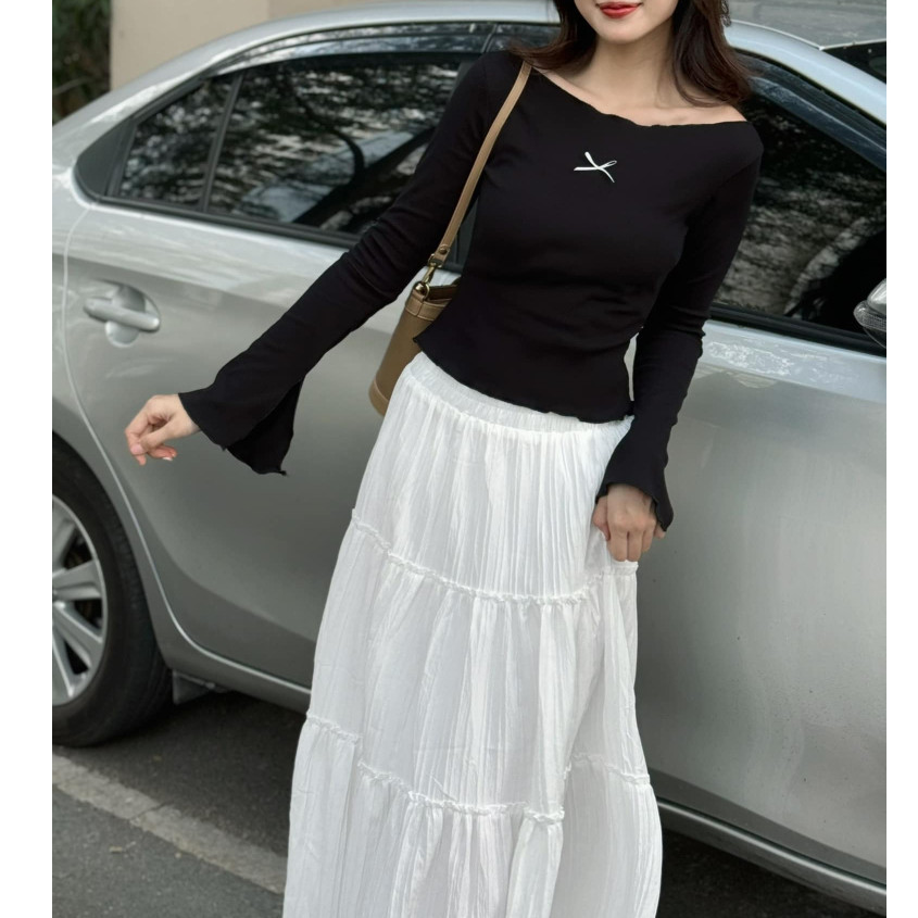 ( Có tách set) Set váy áo trễ vai tay dài phối nơ và chân váy đũi dáng dài phong cách điệu đà tiểu thư- A277, CV051