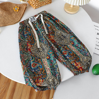 (6m-12Y) Mùa Hè Bé Gái Băng Lụa Quần Muỗi Trẻ Em Bé Gái Phong Cách Mỏng In Retro Quần Trẻ Em Ống Rộng Quần Thường Ngày