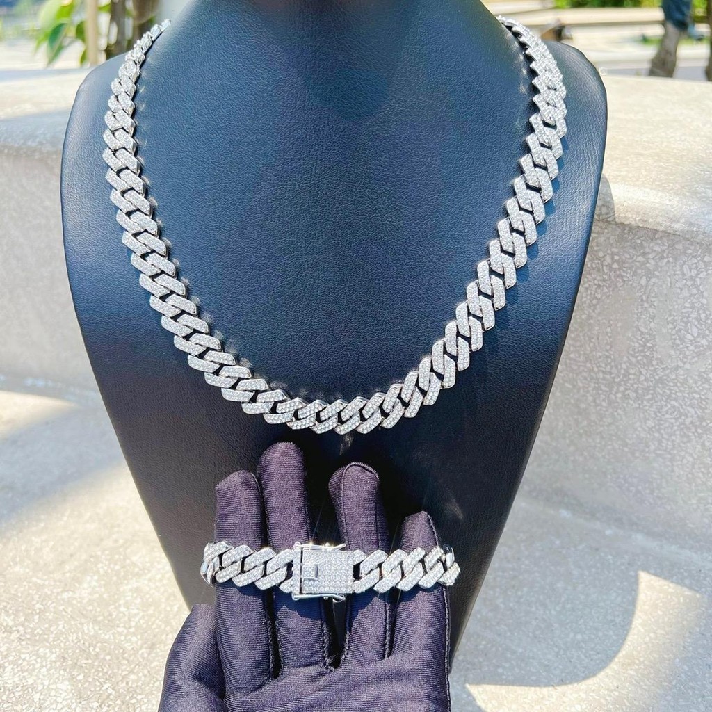 [Tặng 2 nhẫn] Set dây chuyền và lắc tay đính đá cuban bling bling ver 2 bản 14mm