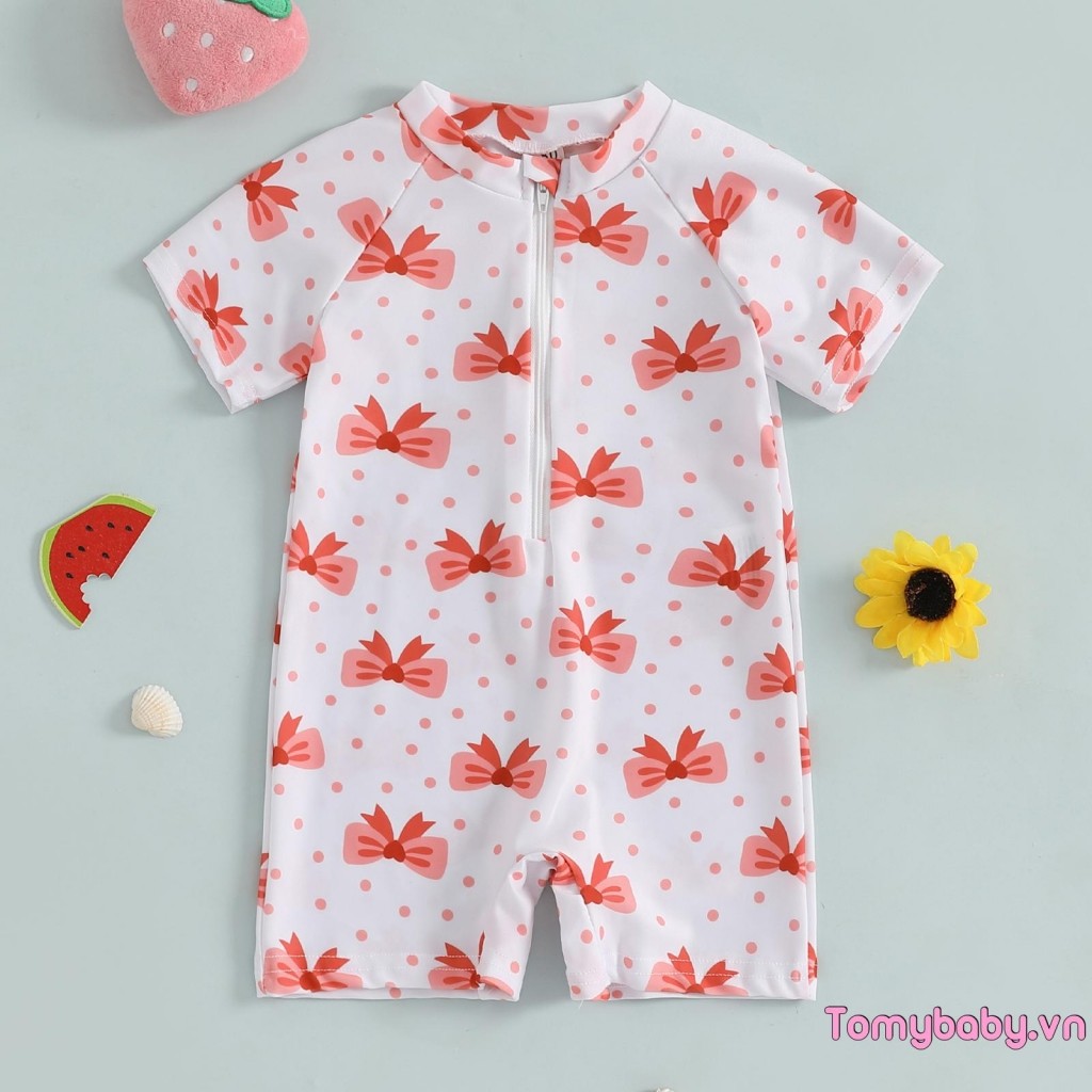 Bộ đồ bơi bé gái tập đi Cherry / Bow Print Zipper Tay ngắn có khóa kéo Bộ đồ tắm