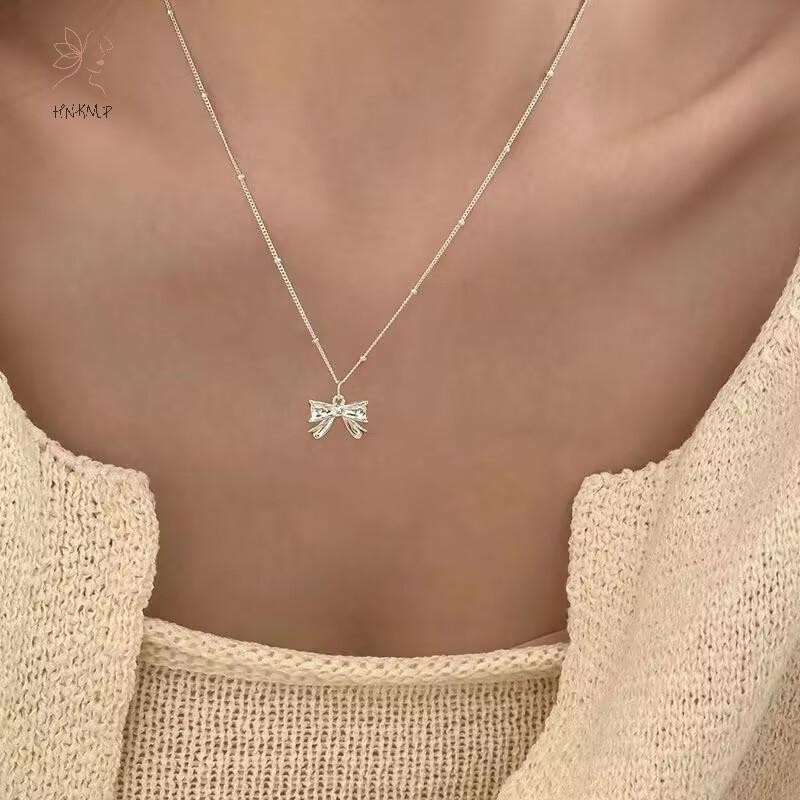 Hnkmp Màu Bạc Nơ Mịn Mặt Dây Chuyền Vòng Cổ Nữ Cổ Dây Xích Cổ Tối Giản Quà Tặng Sinh Nhật Ánh Sáng Trang Sức Sang Trọng.