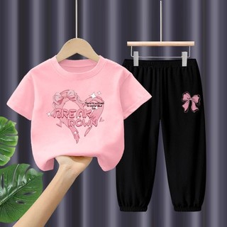 Bộ mùa hè năm 2025 Heart Kids Bộ áo thun ngắn tay in hình hoạt hình hợp thời trang và quần rộng Trang phục hai mảnh sành điệu cho bé trai và bé gái