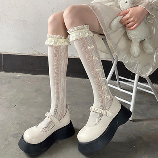 Tất ren Gothic Nhật Bản có chi tiết nơ bướm, hoàn hảo cho mùa hè / mùa thu, có ren hoa và phong cách Lolita nguyên chất