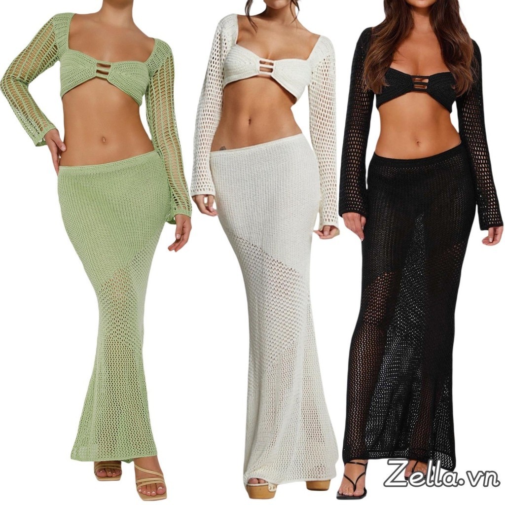Phụ Nữ Y2K 2 Bộ Trang Phục Dài Tay Cổ Vuông Crop Tops + Váy Dệt Kim Dài Rỗng Cho Tiệc Đi Biển