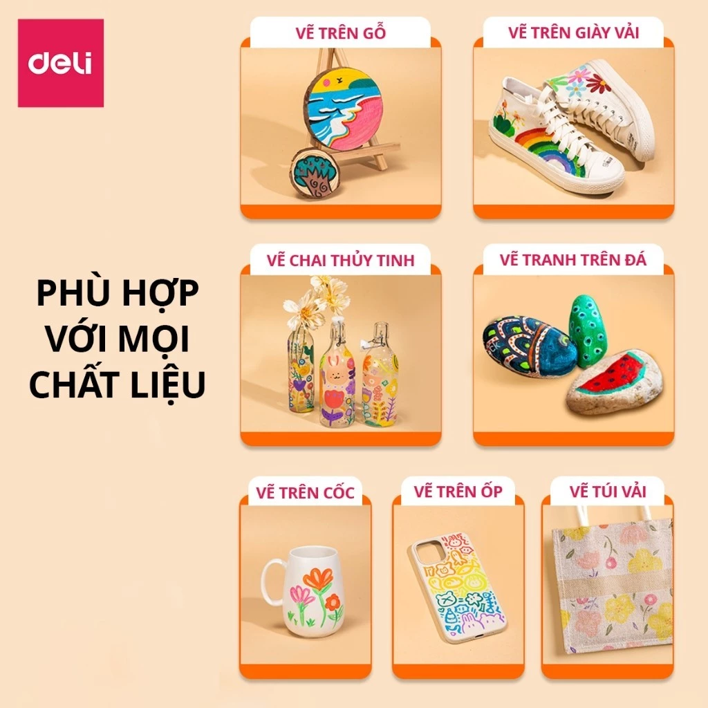 [HỌA CỤ DELI] Bút Sơn Acrylic Marker Deli THÊM 80% MỰC-12/24/36/48/64/80 Màu Tô Trên Mọi Chất Liệu V
