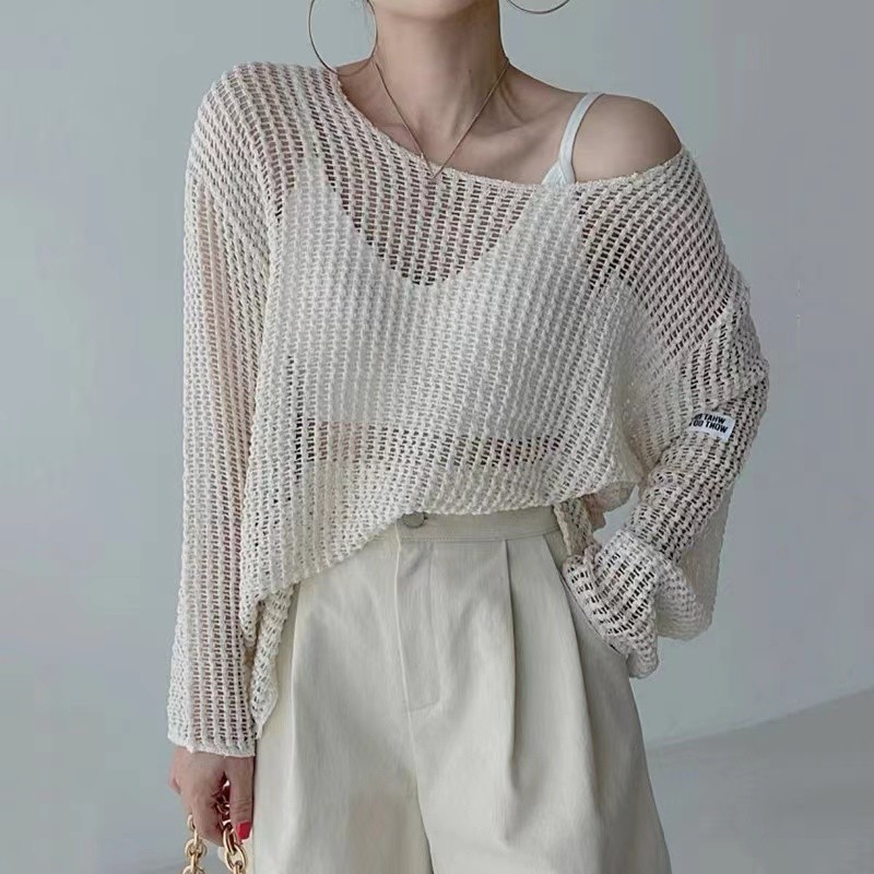 Suxi Retro Thời Trang Phong Cách Hàn Quốc Cổ Tròn Dài Tay Nữ Mỏng Rỗng Dệt Kim 240305