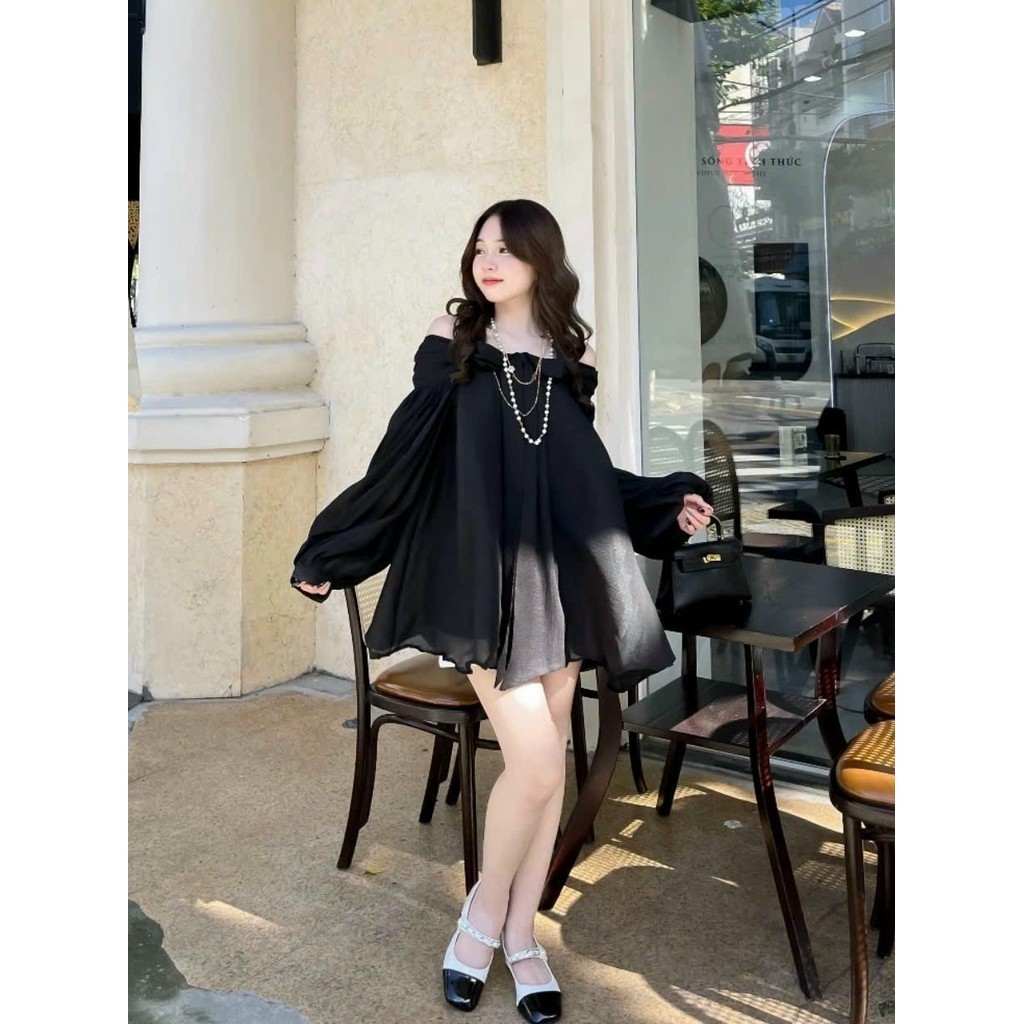 Đầm ngắn nữ kiểu áo dấu quần , áo babydoll trễ vai tay bồng xòe thắt nơ 2 lớp cao cấp chất voan tơ- D03