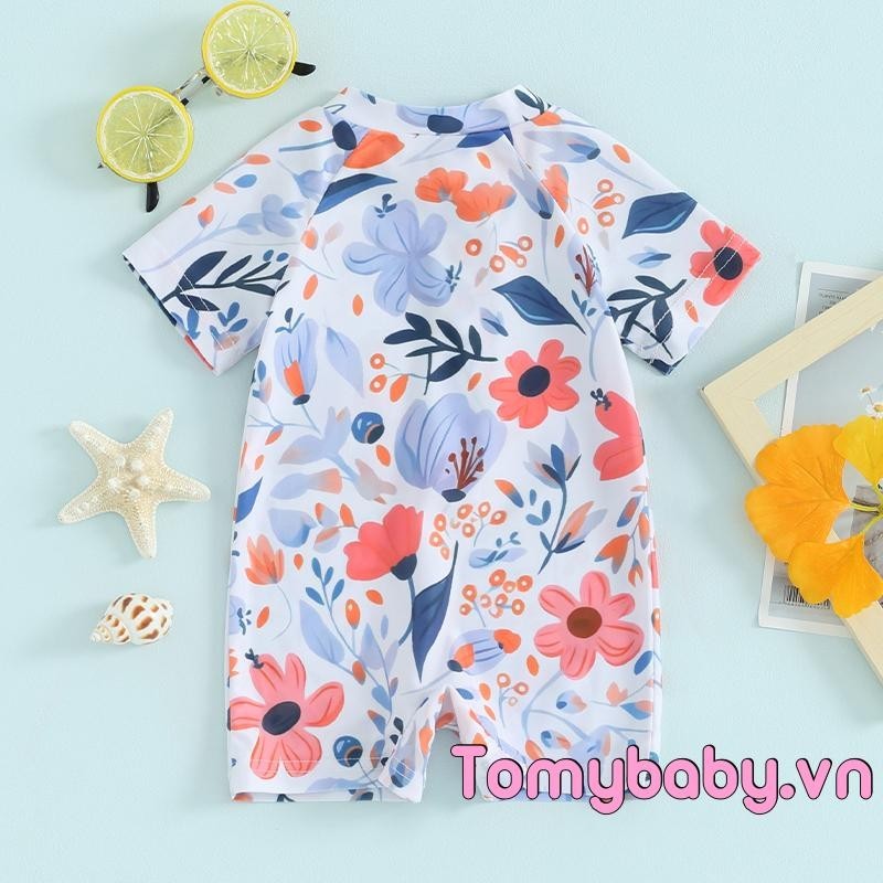 Tập Đi Bé Gái Rash Guard Rompers Đồ Bơi Tay Ngắn In Hoa Dây Kéo Đồ Bơi Cho Bé Đi Biển Mùa Hè