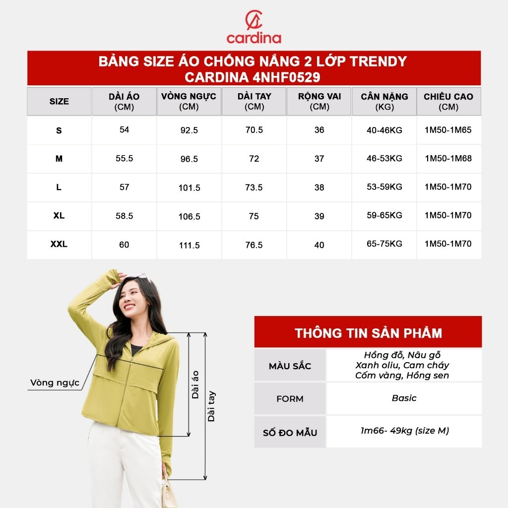 Áo chống nắng Trendy CARDINA 2 lớp chất liệu Ice text sợi lạnh với chỉ số UPF 50+ không nhăn 4NHF05