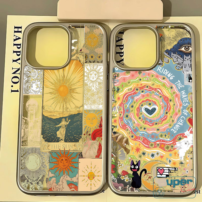 Sáng Tạo Retro Nghệ Thuật Dễ Thương Cô Gái Mặt Trời Xoay Mèo Tương Thích Cho IPhone 15 16 11 13 14 12 Pro Max 7Plus X XS Max XR 15 8 16 7 Plus SE Khung Mạ Điện Sang Trọng Trong Suốt Bìa Mềm