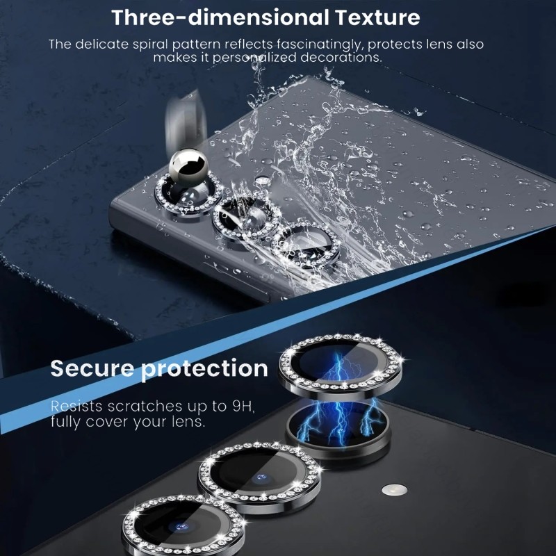 Bling 3D Kim Cương Kim Loại Camera Vòng Bảo Vệ Cho Samsung S25 Ultra S24 S23 S22 Plus S24 FE 5G HD Kính Cường Lực Hợp Kim Nắp Ống Kính