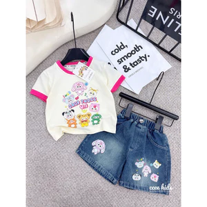 bộ quần áo bé gái 15-37kg, set áo phông baby three kèm quần short jean cao cấp bé gái hàn quốc