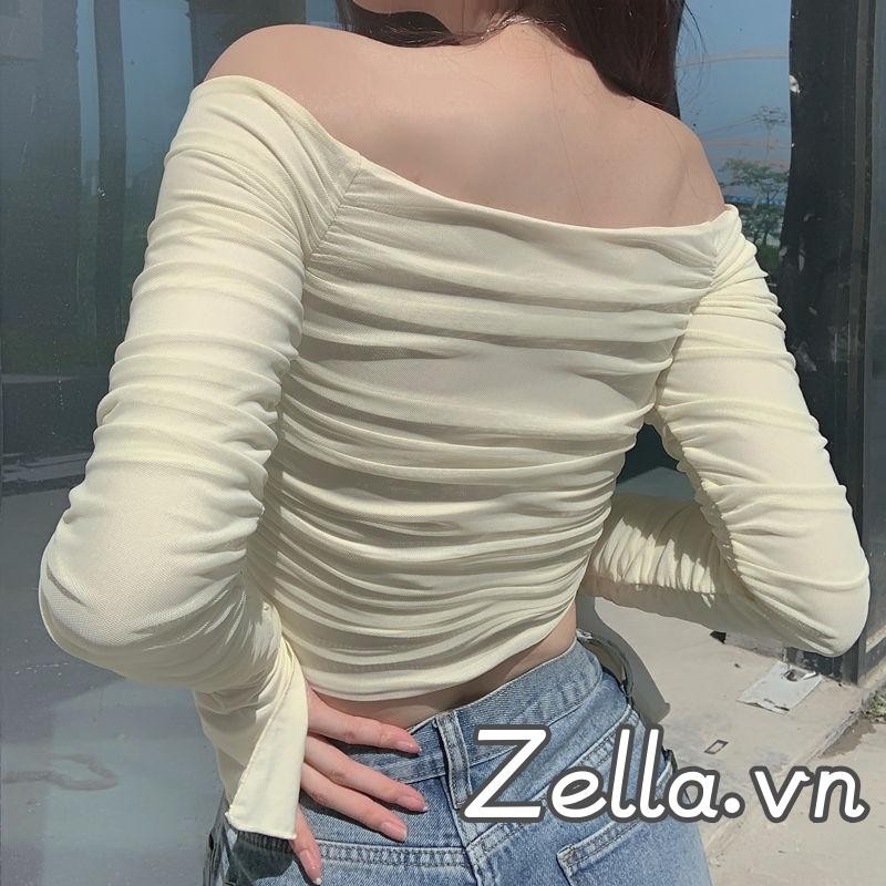 Áo thun nữ lệch vai màu trơn xếp nếp dài tay loe lưới Crop Tops dạo phố