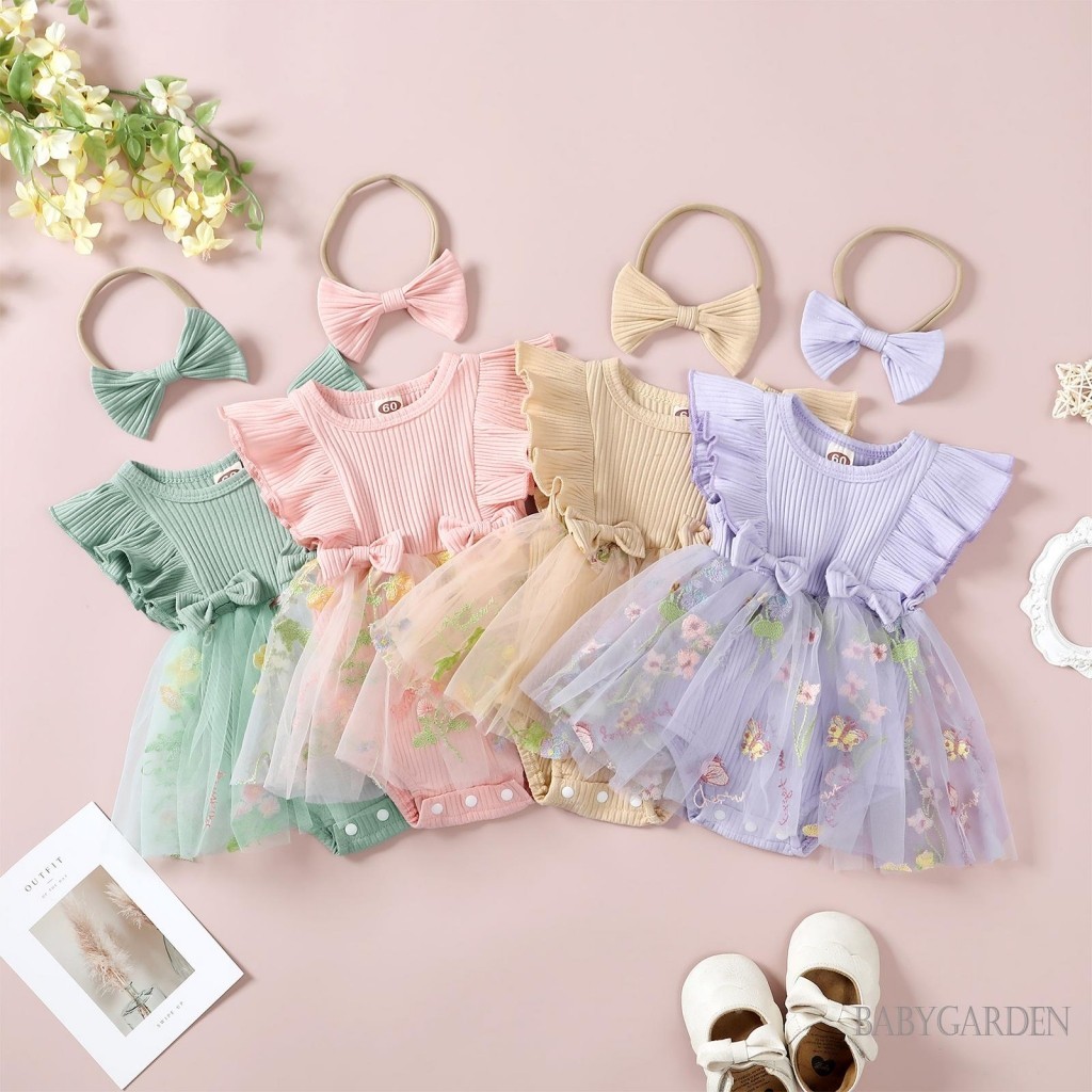 Baga-baby Bé Gái Áo Liền Quần Có Băng Đô Tay Bay Thêu Hoa Tulle Viền Trẻ Sơ Sinh Body Quần Áo Mùa Hè