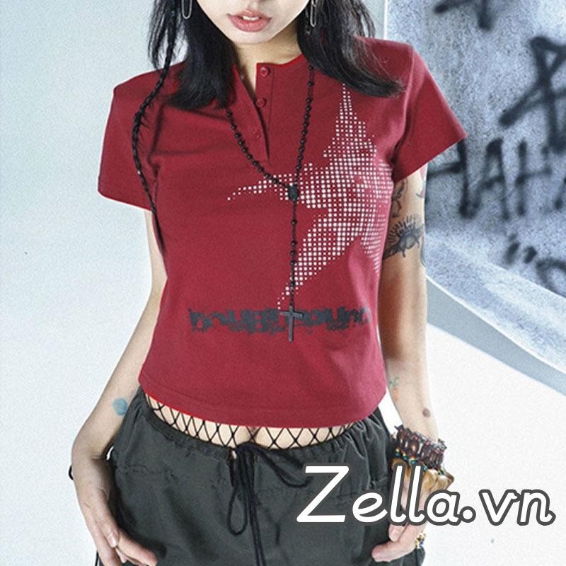 Áo thun nữ tay ngắn mùa hè Y2K in hình ngôi sao nút xuống Crop Tops Dạo phố