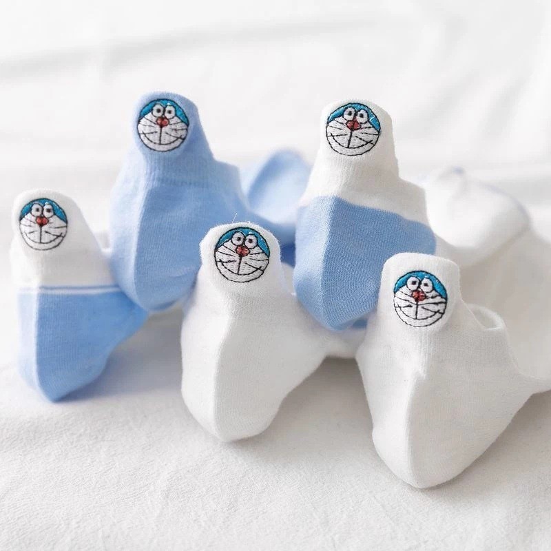 [[Thêu]] Tất Nữ Cotton Xanh Béo Mùa Xuân Hè Hút Mồ Hôi Doremon Thoáng Khí