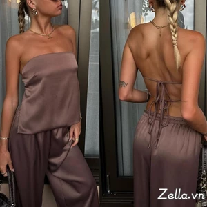 Phụ Nữ Mùa Hè 2 Mảnh Trang Phục Băng Backless Bandeau Tube Tops + Co Giãn Quần Ống Rộng Bộ Dạo Phố