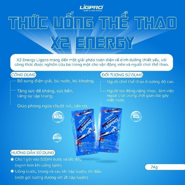 Thức uống thể thao bổ sung năng lượng X2 Energy LIGPRO Bù nước bù điện giải Hộp 10 Gói x 24g thethaochinhhang