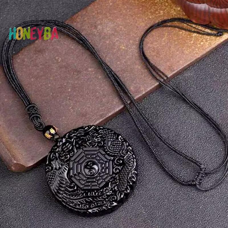 < Honeyba > Đen Tự Nhiên Obsidian Tay Khắc Rồng Trung Quốc Phượng Hoàng Chim Bùa Hộ Mệnh Vòng Cổ BaGua Dành Cho Nữ May Mắn Linh Vật Bùa Mặt Dây Chuyền